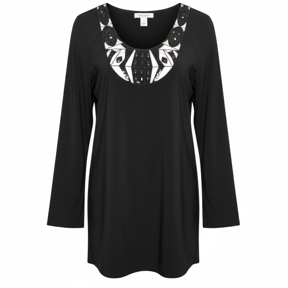 WHBM Black Mini Dress w Silver & White Embellishment Shift Dress Adj Sleeves L